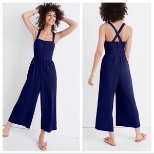 Madewell Navy Smocked Button-Front Crop Jumpsuit